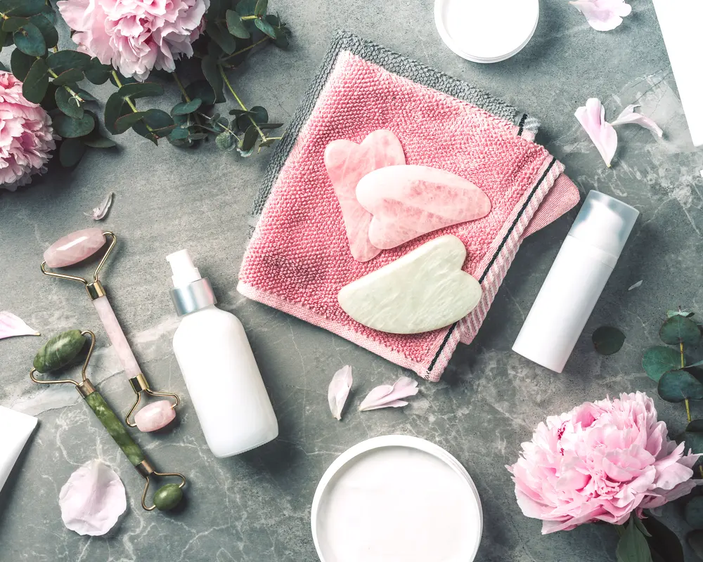 skincare products and tools with