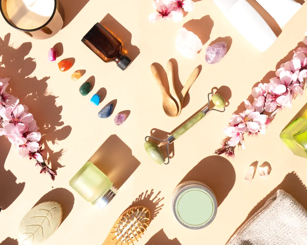 skincare products and crystals with